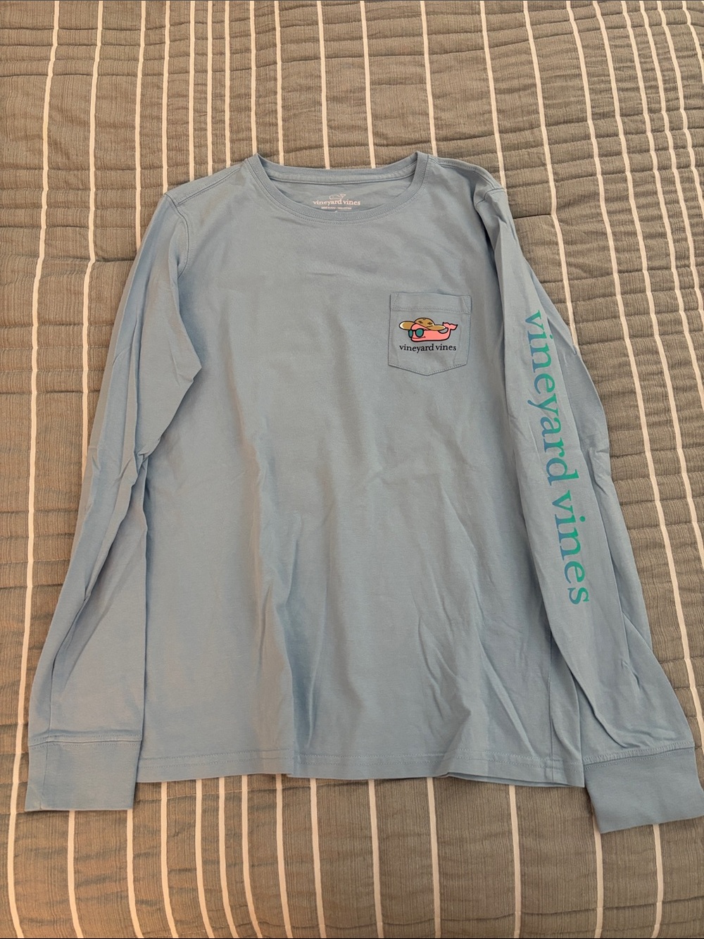 Vineyard Vines Light Blue Long Sleeve Pocket Tee with Turquoise Sleeve Logo